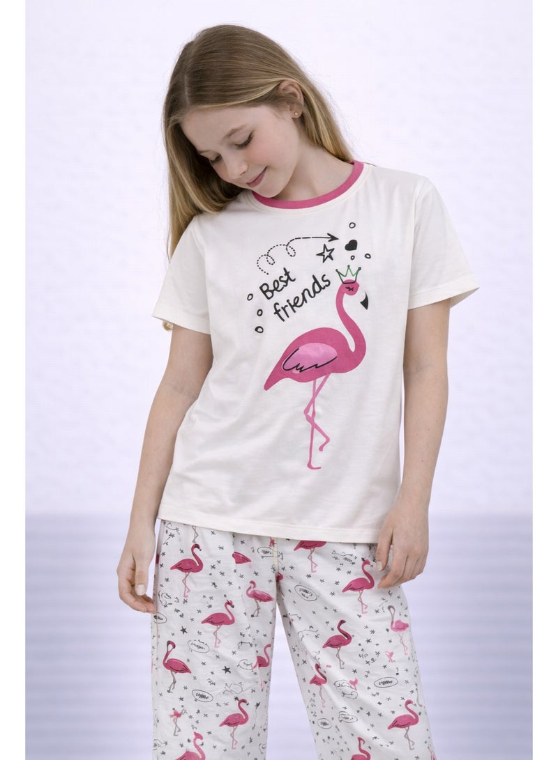 victor and jane Girls’ Pajama Set – Flamingo Graphic T-Shirt & Printed Pants - Image 5